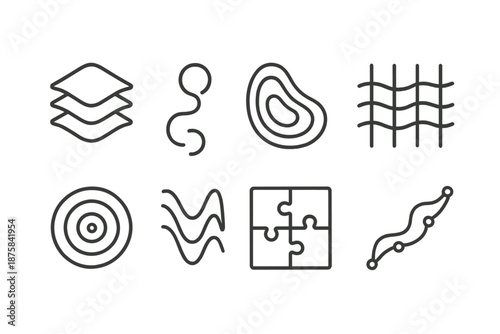 Dynamic Flow Icons. Line style icons of a current conundrum guide: layered stream path, flowing connection, curved logic contour,