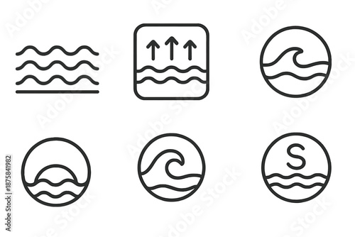 Marine Elevation Icons. Line style icons of marine elevation systems: tidal interface plate, water rise menu, crested control