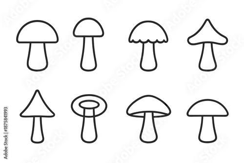Mushroom Cap Icons. Line style icons of mushroom cap pinnacles: domed roof cap, stem tower base, spore layer dome, curved fungal