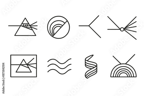 Layered Light Refraction. Line style icons of layered light refraction: prism grid plate, spectral layer ring, bent ray diagram,