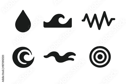 Liquid Motion Icons. Solid style icons of liquid motion with oscillation: droplet, wave loop, vibration line, energy path, motion