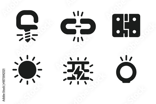 Bright Fastening Icons. Solid style icons of bright fastening system: screw lock, glowing connector, magnet clasp, hinge piece,