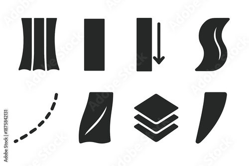 Pleating Guides Icons. Solid style icons of gentle pleat guides: pleated line, fabric stripe, guiding arrow, curved pattern,
