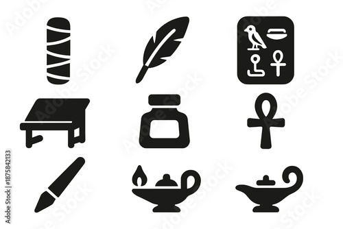 Mummy Scribe Tools. Solid style icons of mummy scribe equipment: wrapped scroll, quill feather, hieroglyph tablet, scribe desk,