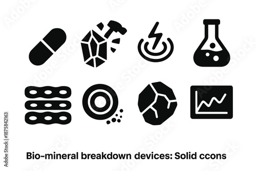 Bio-Mineral Device Icons. Solid style icons of bio-mineral breakdown devices: capsule icon, crushed crystal, energy pulse,