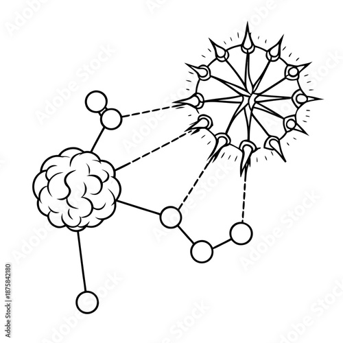Infographics of cognitive process and molecular interaction in pencil diagram style, pure monochrome, illustration of mental health or scientific hypothesis