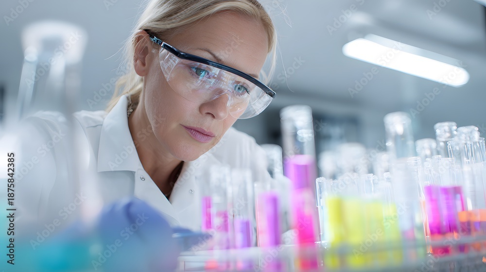 Fototapeta premium A female scientist in a lab coat is examining colorful test tubes in a modern research facility. Focused Woman Scientist in Safety Goggles Working in a Modern Laboratory. 