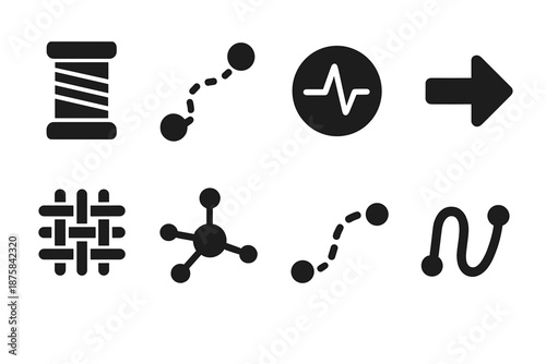 Textile Route Icons. Solid style icons of textile route markers: yarn spool, route line, pulse circle, directional arrow, woven