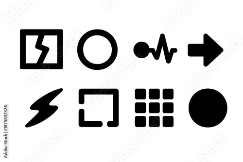 Absent Element Icons. Solid style icons of absent element markers: broken structure, empty node, pulse dot, directional arrow,