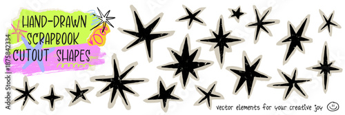 Hand-drawn scrapbook hand drawn scribble stars, crayon and charcoal texture, playful collage style. Childish doodle grunge design stickers, soft paper edges, vector illustration