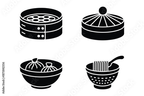 Chinese dim sum and asian noodle bowl silhouette icons set