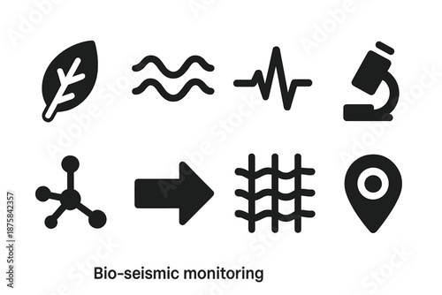 Bio-Seismic Monitoring Icons. Solid style icons of bio-seismic monitoring: organic fiber, wave pattern, pulse line, microscope