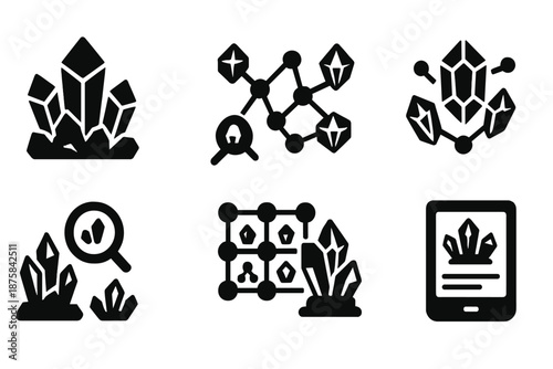 Crystal Swarm Icons. Solid style icons of swarm crystal study: clustered gem matrix, mineral node web, crystalline swarm structure