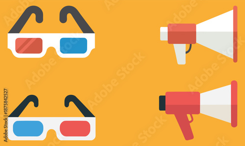 Cinema, accessories, icons, vector, illustration, sketch, outline, 3D, glasses, megaphone, entertainment, movie, media, sound, red, white, graphic, design, communication, cartoon