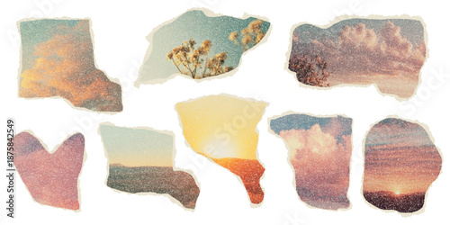 Torn paper collage elements, scrapbook paper pieces, irregular ripped shapes with sky and nature scenes, subtle grain overlay, warm retro color palette, vector illustration