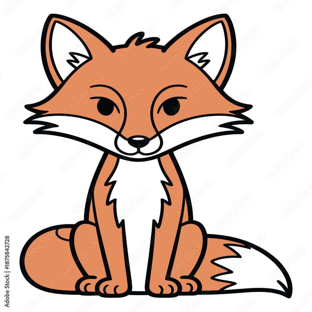 Obraz premium Cartoon fox sitting vector illustration animal wildlife mammal illustration with orange fur black eyes white belly isolated on white background simple drawing style