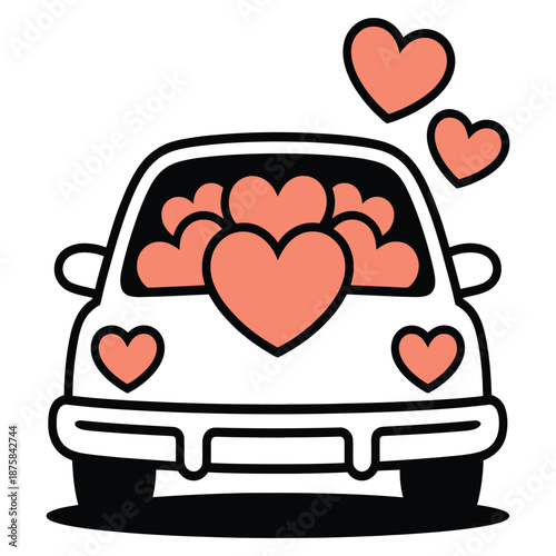 Cartoon illustration of wedding car with hearts coming out of windows vector illustration of happy love mobile with hearts on white background