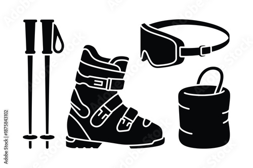 Winter Sports Skiing Equipment Silhouette Icons Collection