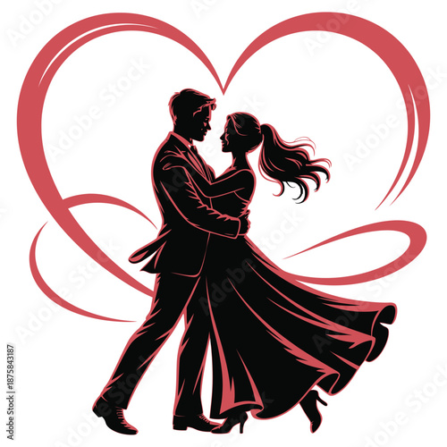 Silhouette of couple dancing in heart shape, elegant bride and groom in love black silhouette of man and woman waltzing with red heart design background