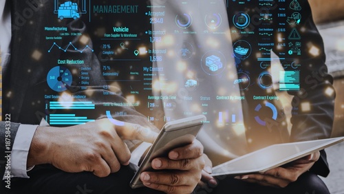 Wallpaper Mural Supply chain management interface showing delivery routes, warehouse efficiency, cost savings, vehicle tracking, procurement ROI, and contract stages. Futuristic supply chain monitoring system. Thunk Torontodigital.ca