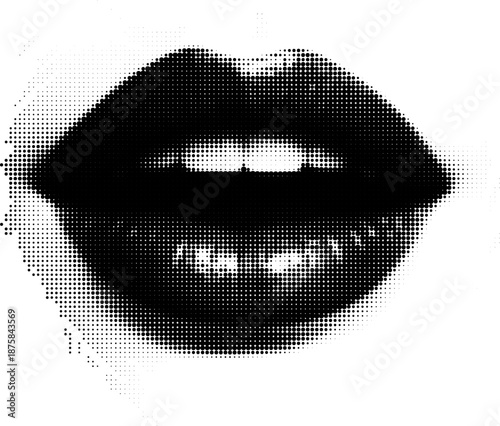 Black and white halftone dots style illustration of a womans mouth or lips. Retro comic pop art newspaper photo style with dotted texture isolated on white background