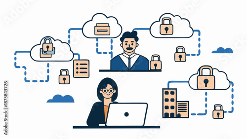 Data security and encryption concept locked cloud storage with secure locks and two people working on laptops
