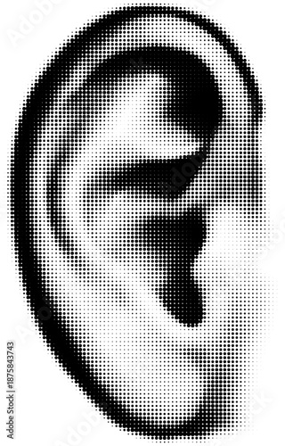 Black and white halftone illustration of a human ear. Retro comic pop art newspaper photo style with dotted texture isolated on white background