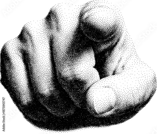 Black and white halftone illustration of a hand with finger pointing forward toward the viewer. Retro comic pop art newspaper photo style with dotted texture isolated on white background