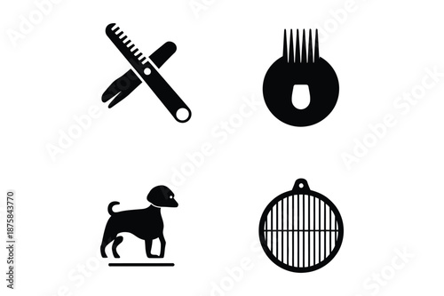 Pet grooming salon icons with dog silhouette and combs
