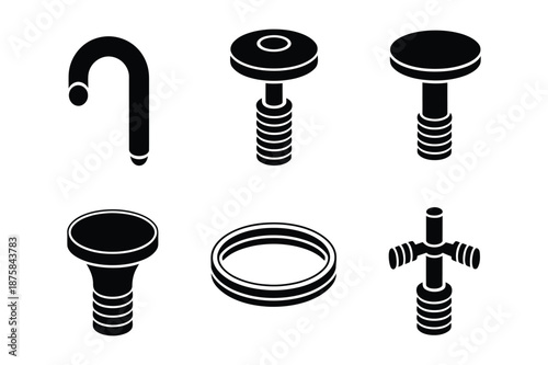 Construction hardware and plumbing parts icons with hook and screws