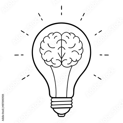 Creative online art of a light bulb in the shape of a brain, black and white graphics, an allegory of brilliant insight, startup and intellectual breakthrough, relevant for the World Day of Creativity