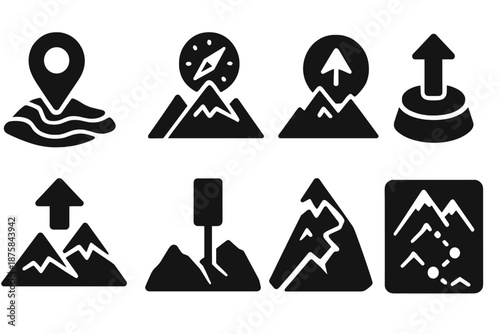 Elevated Guidance Icons. Solid style icons of elevated guidance systems: topographic direction point, terrain crest compass,