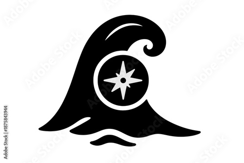 Wave Compass Icon. Solid style icons of a wave peak holding a compass: ocean crest compass, directional wave top, guiding sea