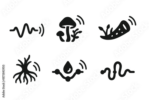 Symbiotic Sound Icons. Solid style icons of a spoken energy line with symbiotic growth: bio-electric voice strand, fungal tone