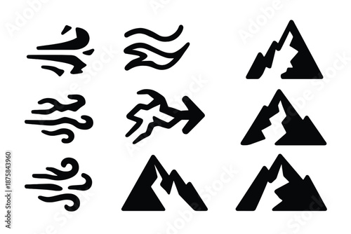 Airy Climb Icons. Solid style icons of an airy, jagged climb: broken gust trail, zigzag wind path, airy peak route, fragmented