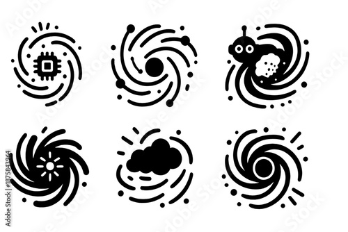 Nano-Storm Icons. Solid style icons of a blinking nano-storm: pulsing nanobot cyclone, glowing micro tempest, flicker-driven