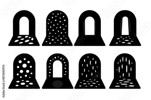 Dappled Light Doorway. Solid style icons of a dappled light doorway: leaf-shadow threshold, speckled sunlight arch, glowing