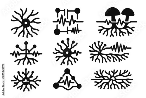 Fungal Sound Visualization. Solid style icons of a fungal network sound visualization: glowing mycelium web, spore-linked sound