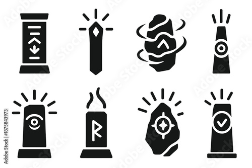 Mystical Prophecy Pillar. Solid style icons of a stone pillar absorbing prophecies: engraved prophecy column, glowing rune shaft,