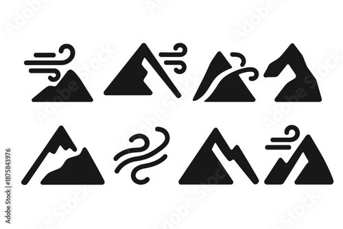 Breezy Summit Icons. Solid style icons of a breezy climb to the summit: wind-swept ridge line, ascending air path, gust-driven