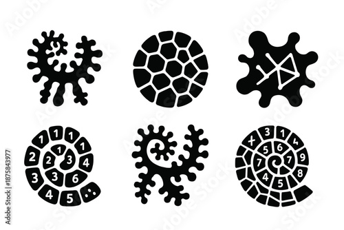 Microbial Pattern Art. Solid style icons of a microbial number pattern painting: bio-fractal pattern, numerical cell mosaic,