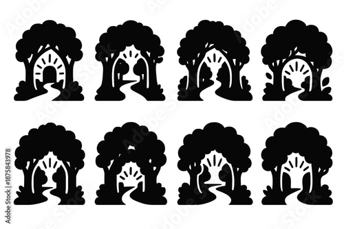 Radiant Forest Entrance. Solid style icons of a shining forest entrance: radiant tree gate, glowing woodland threshold,