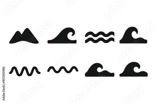 Wave-Crest Path Icons. Solid style icons of a wave-crest trail: mountain wave path, crest-line route, rhythmic ridge motion,