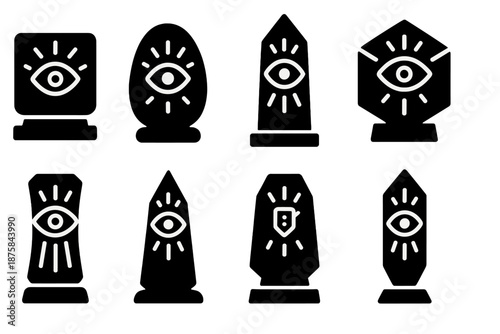 Mystic Monolith Icons. Solid style icons of a seer monolith: radiant foresight monument, glowing prophecy stone, illuminated