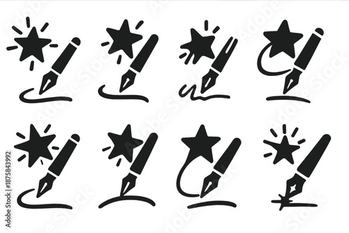 Radiant Stellar Quill. Solid style icons of a distant star writing with a shaking pen: radiant stellar quill, cosmic ink trail,