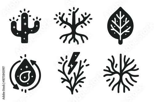 Luminous Desert Circulation. Solid style icons of arid bioluminescent circulation: luminous cactus vein, radiant stem network,