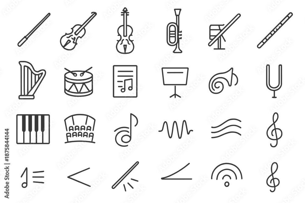 Obraz premium Symphony Icon Collection. Line style icons of symphony elements: conductor baton, violin, cello, trumpet, flute, harp, drum, sheet