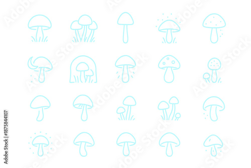 Glowing Mushroom Icons. Line style icons of glowing mushrooms: bioluminescent cap, forest fungi, tall stem, mushroom cluster,