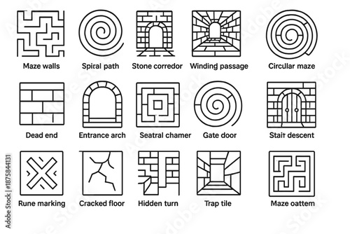 Labyrinth Icon Collection. Line style icons of labyrinth architecture: maze walls, spiral path, stone corridor, winding passage,