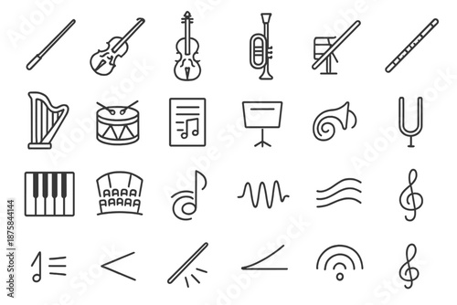 Symphony Icon Collection. Line style icons of symphony elements: conductor baton, violin, cello, trumpet, flute, harp, drum, sheet